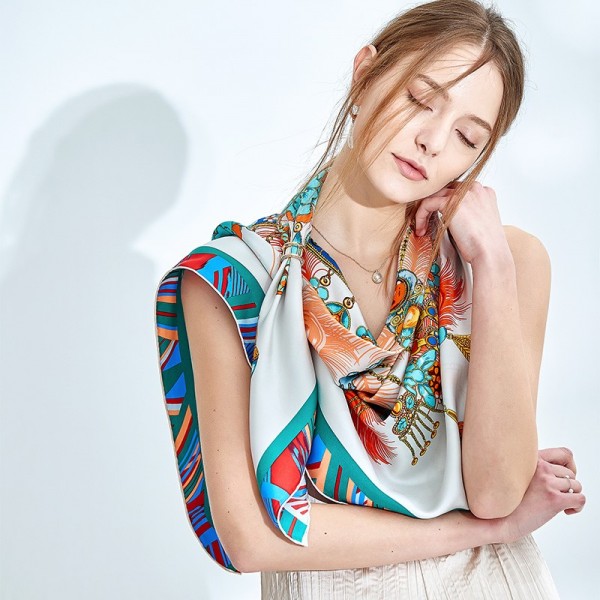 Grand Foulard en Soie Femme Vert Corail ★ Trésor