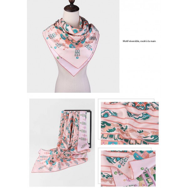 Foulard en Soie imprimée double face Femme Rose Vert★ LINA