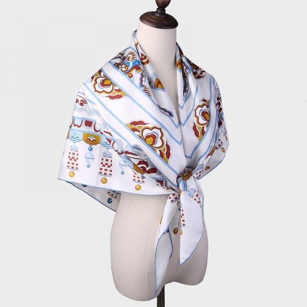 Foulard en Soie imprimée double face Femme Beige Rouge Bleu ★ LINA