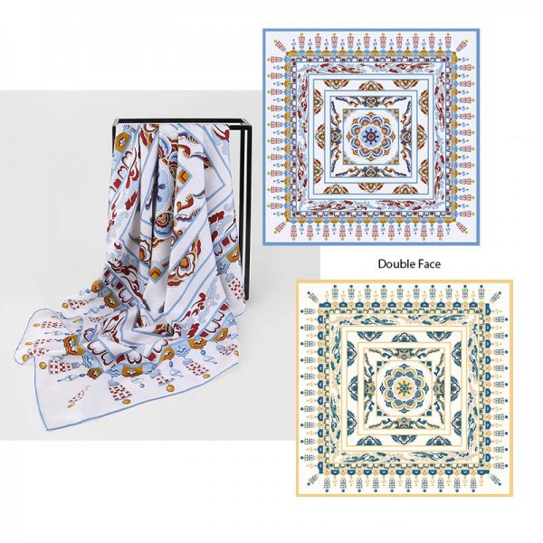 Grand Foulard en Soie imprimée double face Femme Beige Rouge Bleu ★ LINA