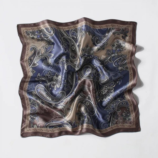 Petit Foulard en Soie pour Femme ★ Motifs Magnifiques en Bleu et Brun Paisley