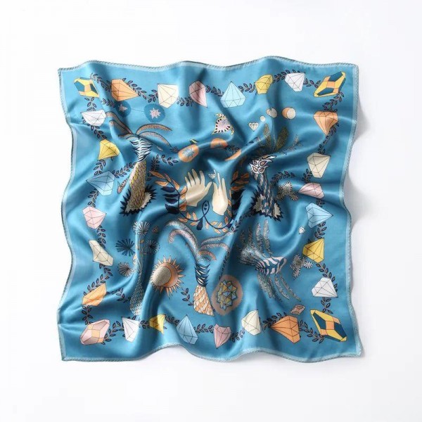 Petit Foulard en Soie pour Femme ★ Bleu Cristallin et Divertissement Élégant