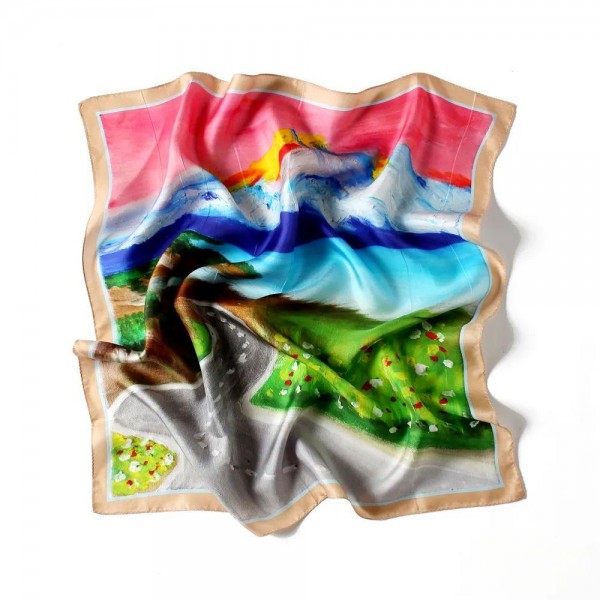 Petit Foulard en Soie pour Femme ★ Montagnes Colorées et Paysage Élégant