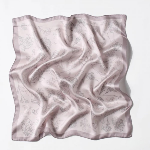Petit Foulard en Soie pour Femme ★ Fleurs Dessinées au Ligne sur Fond Rose Clair