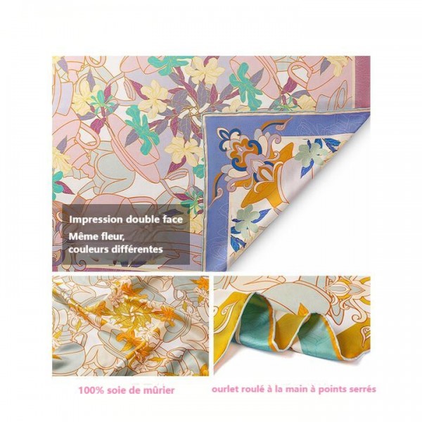 Petit Foulard en Soie pour Femme ★ Chuchotement Parfumé du Thé aux tons violet et vert