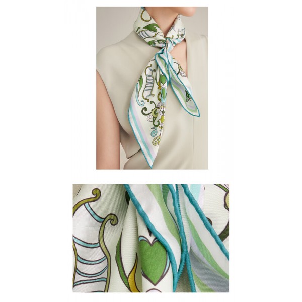 Petit Foulard en Soie pour Femme ★ Ballade de Muguet dans la gamme de vert et d’orange