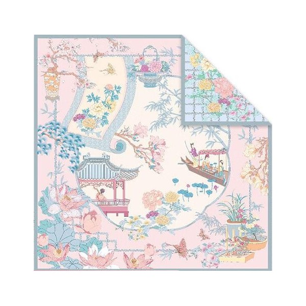 Foulard en soie pour femme ★ Promenade des Dames aux Fleurs Éternelles aux tons vermillon clair et bleu clair