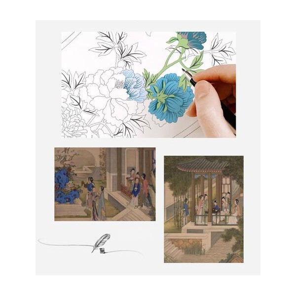 Foulard en soie pour femme ★ Promenade des Dames aux Fleurs Éternelles aux tons vermillon clair et bleu clair