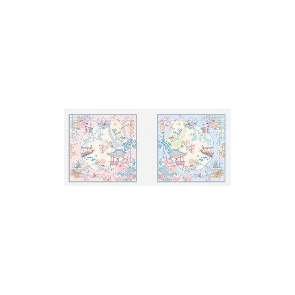 Foulard en soie pour femme ★ Promenade des Dames aux Fleurs Éternelles aux tons vermillon clair et bleu clair