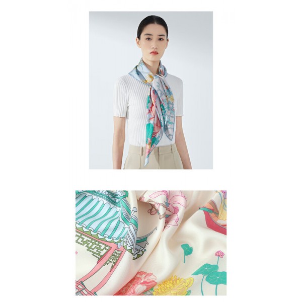 Foulard en soie pour femme ★ Promenade des Dames aux Fleurs Éternelles aux tons vermillon clair et bleu clair