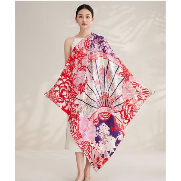 Grand Foulard en Soie Femme ★ Voyages de fleurs en rouge cerise