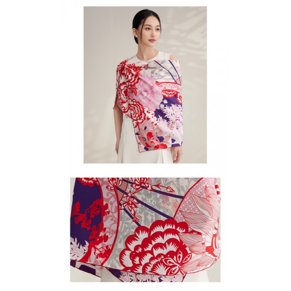 Grand Foulard en Soie Femme ★ Voyages de fleurs en rouge cerise