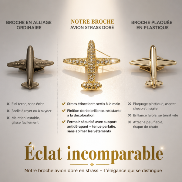 Broche déco avion avec strass imitation diamant finition dorée élégante