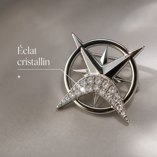 Broche rose des vents Étoile Polaris strass imitation diamant argenté